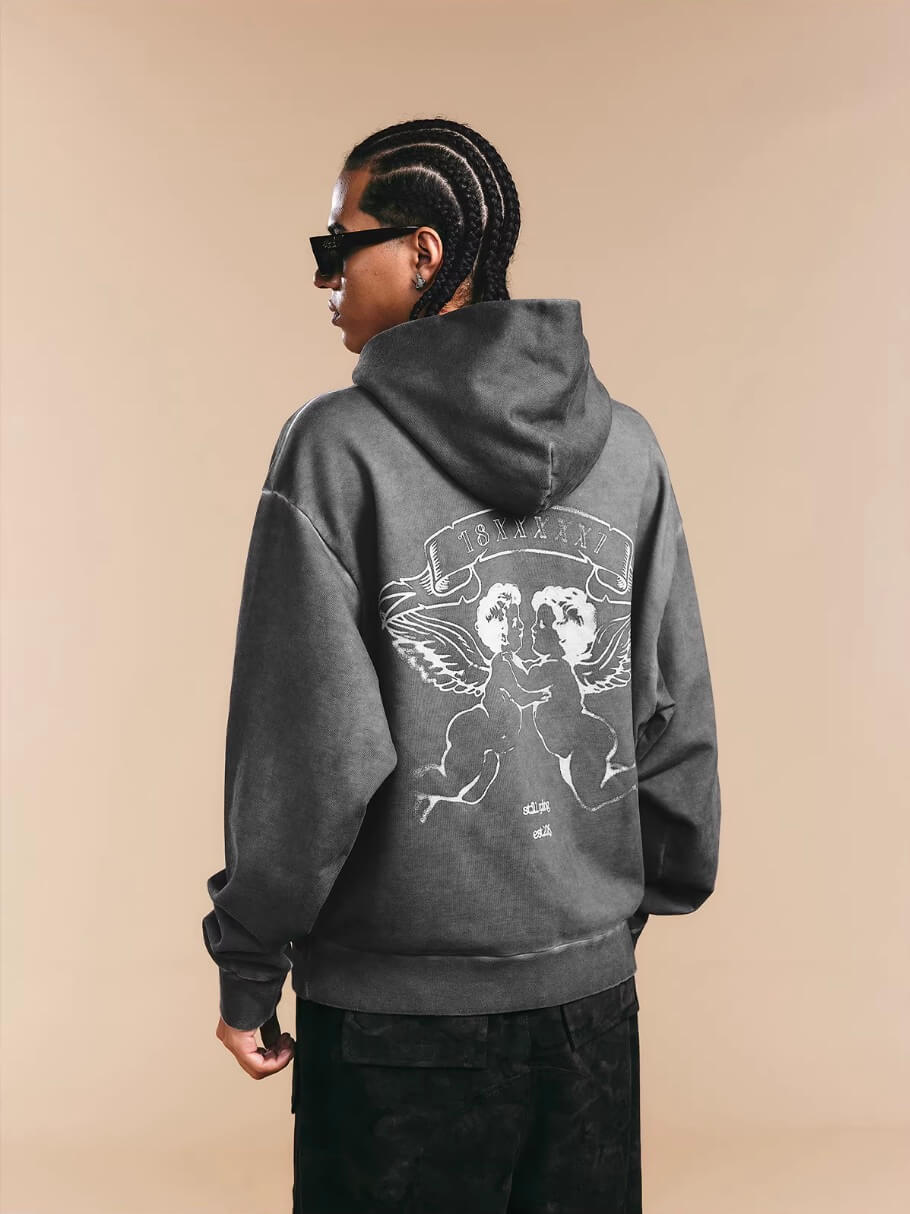 1807 Angel Printed Washed Ash Hoodie | Face 3 Face
