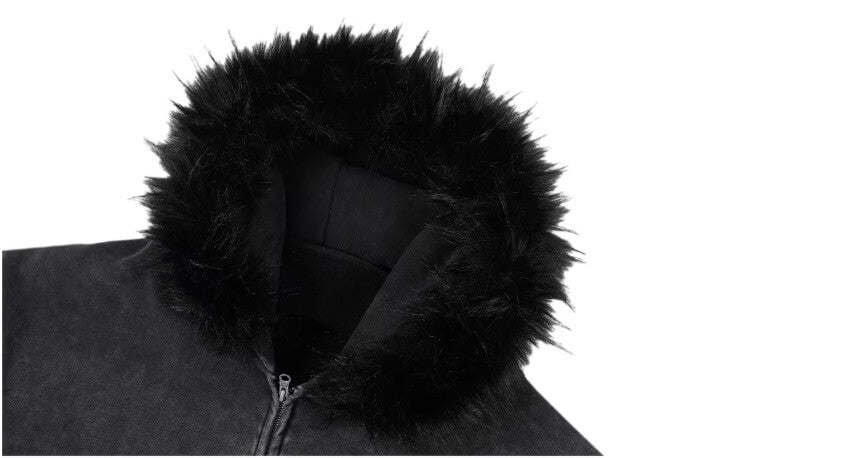 1807 Faux Fur Hood Trim Washed Zip Up Hoodie | Face 3 Face