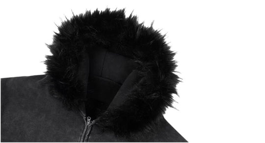 1807 Faux Fur Hood Trim Washed Zip Up Hoodie | Face 3 Face