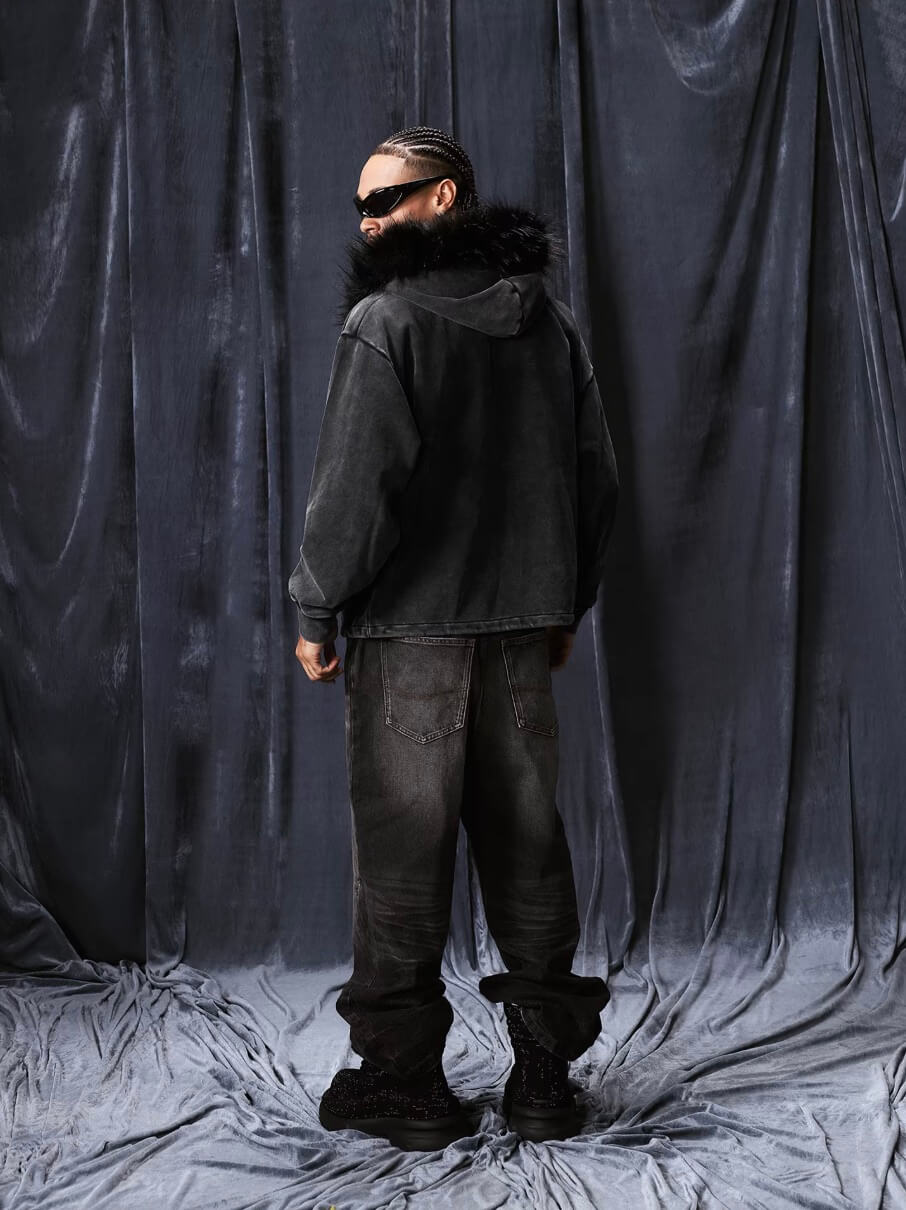 1807 Faux Fur Hood Trim Washed Zip Up Hoodie | Face 3 Face