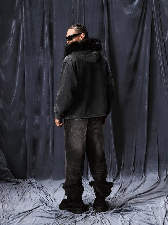 1807 Faux Fur Hood Trim Washed Zip Up Hoodie | Face 3 Face