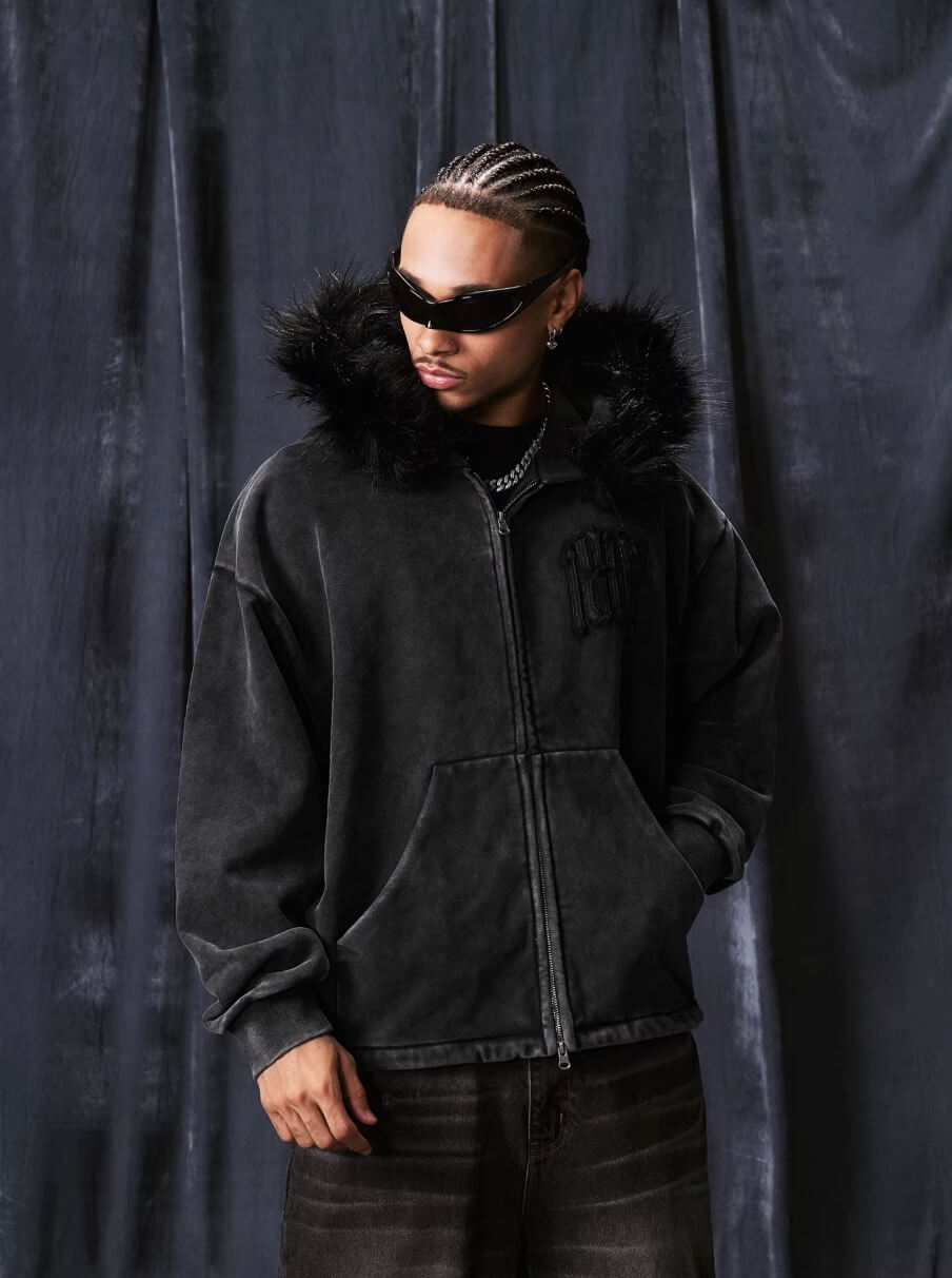 1807 Faux Fur Hood Trim Washed Zip Up Hoodie | Face 3 Face