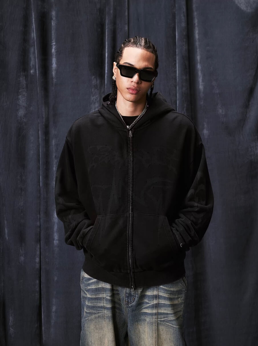 1807 Handcrafted Distressed Print Zip Up Hoodie | Face 3 Face