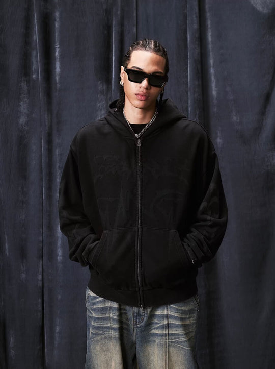 1807 Handcrafted Distressed Print Zip Up Hoodie | Face 3 Face
