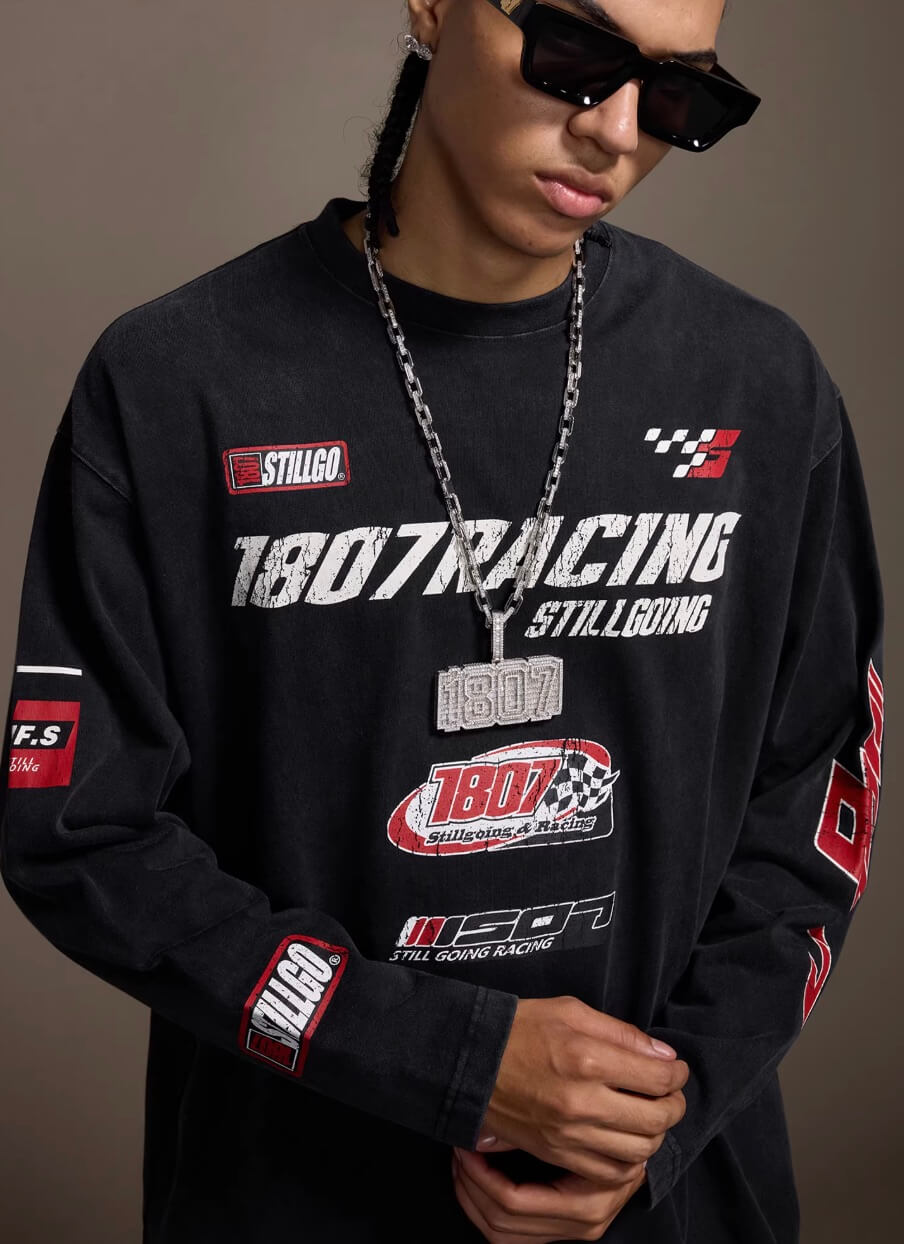 1807 Racing Vintage Printed Distressed Long Sleeve Tee | Face 3 Face