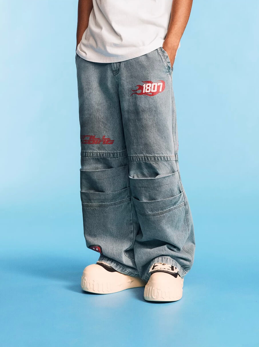 1807 Racing Crackle Print Washed Baggy Jeans | Face 3 Face