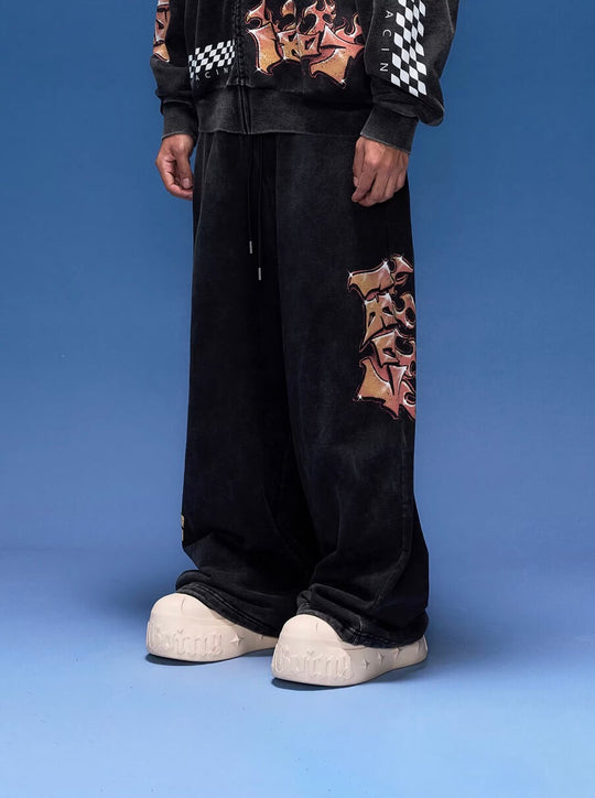 1807 Racing Graffiti Print Washed Baggy Sweatpants | Face 3 Face