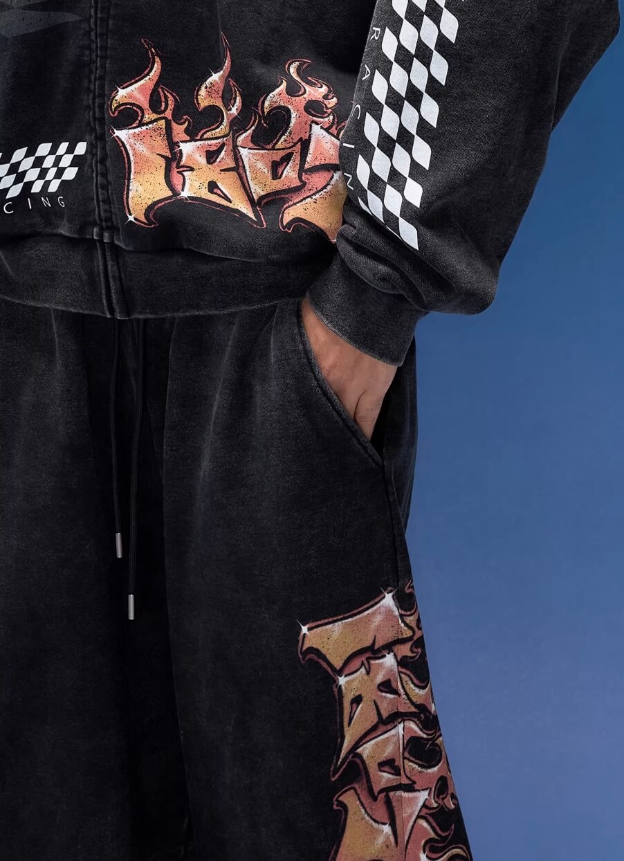 1807 Racing Graffiti Print Washed Baggy Sweatpants | Face 3 Face