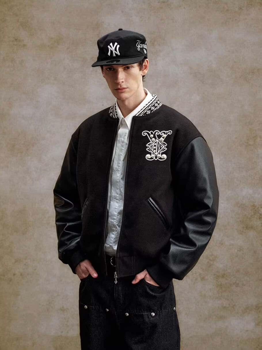 YADcrew 3D Embroidered Pearl Varsity Jacket | Face 3 Face