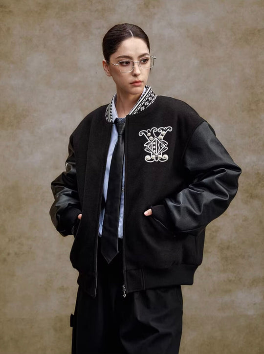 YADcrew 3D Embroidered Pearl Varsity Jacket | Face 3 Face