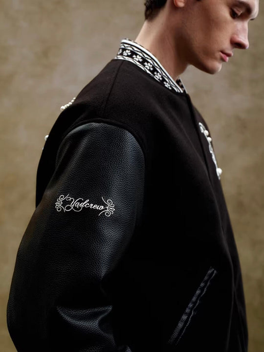 YADcrew 3D Embroidered Pearl Varsity Jacket | Face 3 Face