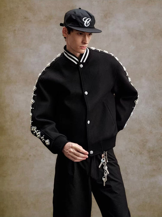 YADcrew Pearl Studded Metal Button Varsity Jacket | Face 3 Face