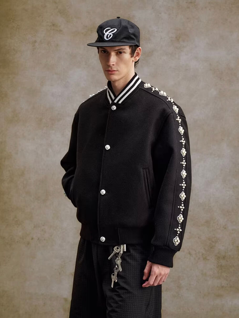 YADcrew Pearl Studded Metal Button Varsity Jacket | Face 3 Face