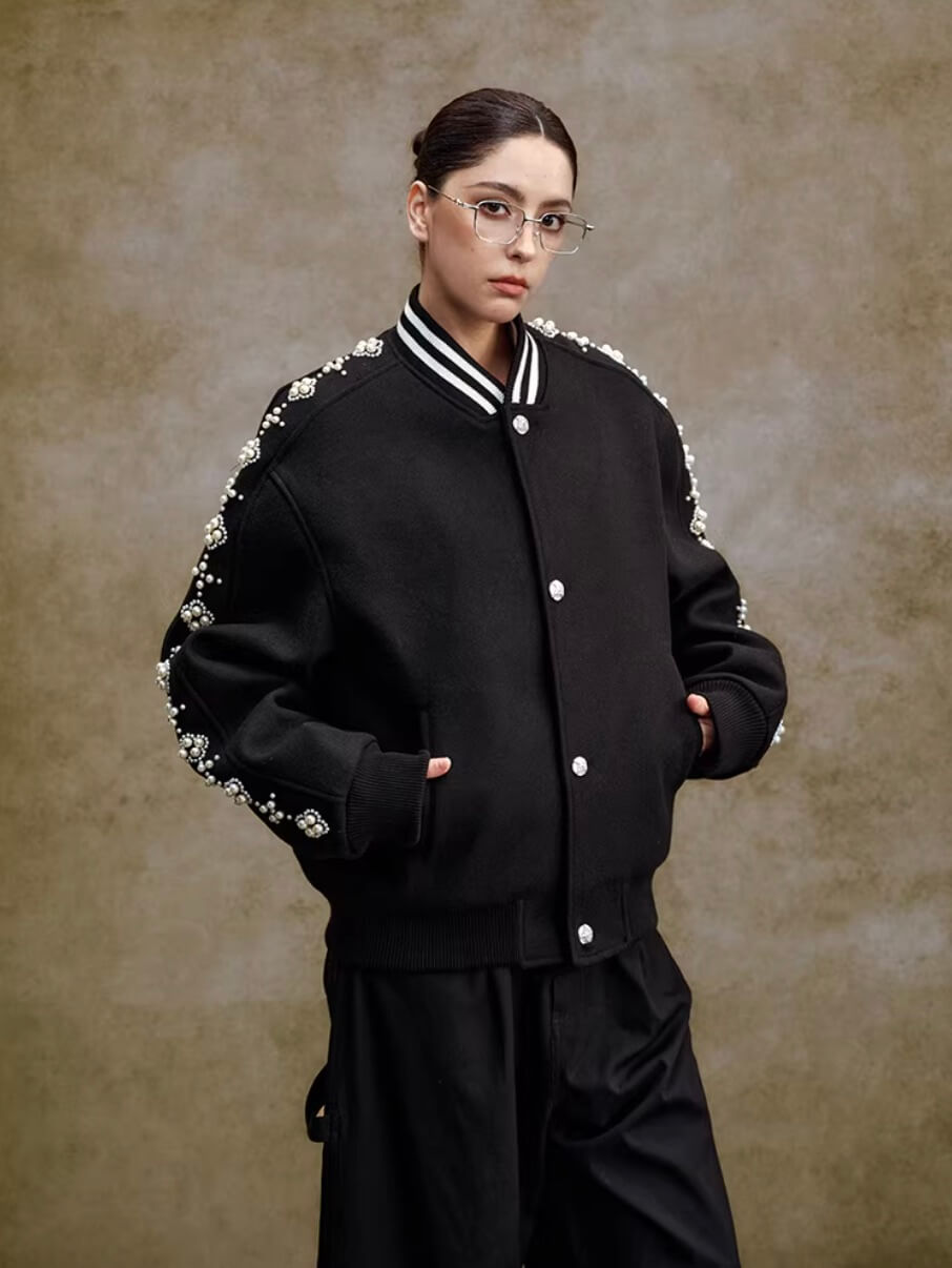 YADcrew Pearl Studded Metal Button Varsity Jacket | Face 3 Face