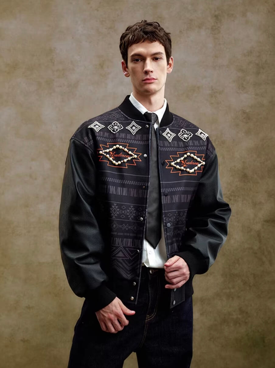 YADcrew Pearl Studded Ethnic Varsity Jacket | Face 3 Face