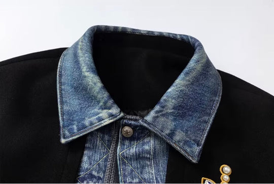 YADcrew Pearl Studded Digital Denim Varsity Jacket | Face 3 Face