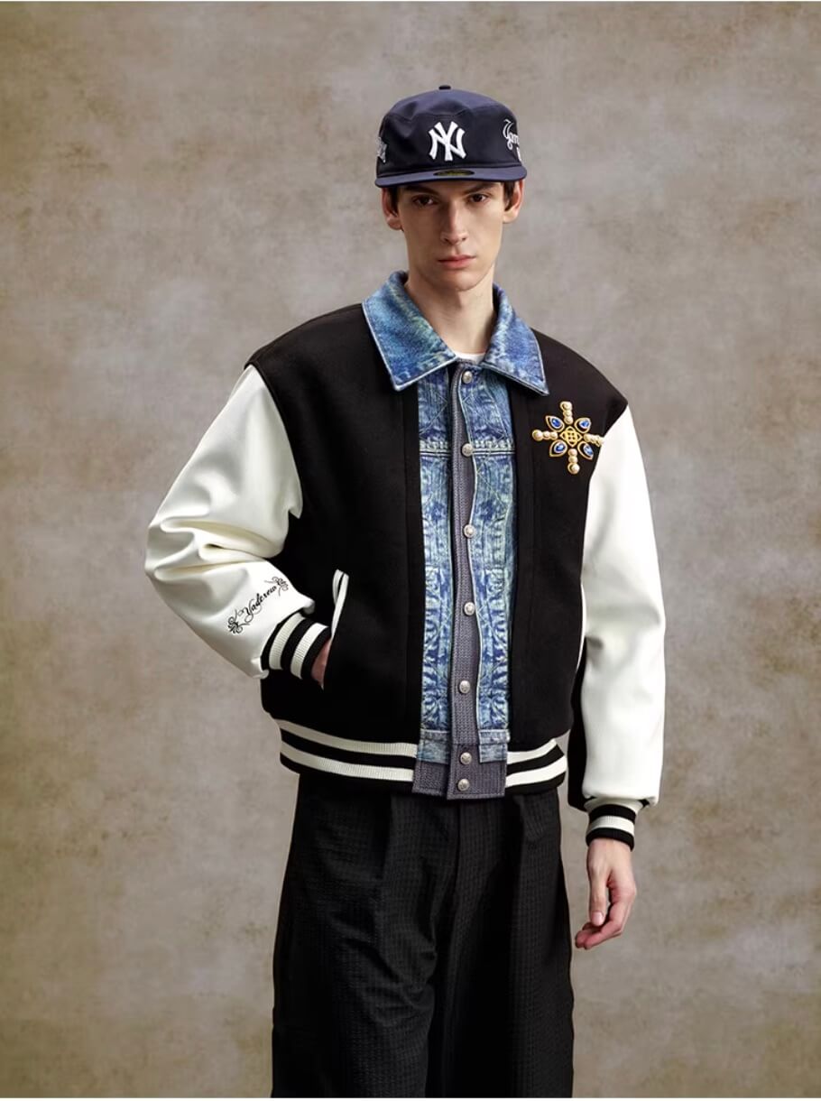 YADcrew Pearl Studded Digital Denim Varsity Jacket | Face 3 Face
