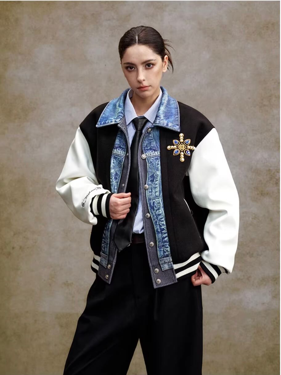 YADcrew Pearl Studded Digital Denim Varsity Jacket | Face 3 Face