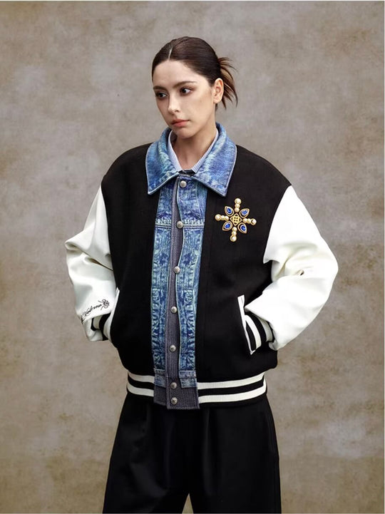 YADcrew Pearl Studded Digital Denim Varsity Jacket | Face 3 Face