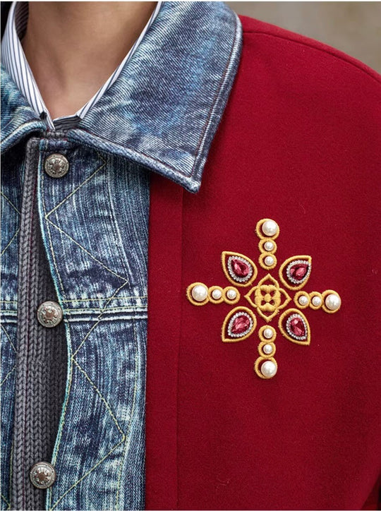 YADcrew Pearl Studded Digital Denim Varsity Jacket | Face 3 Face