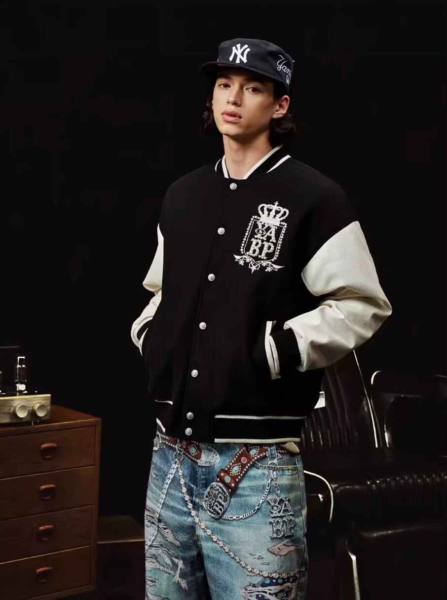 YADcrew x BIPOLAR Embroidered Pearl Beaded Varsity Jacket | Face 3 Face