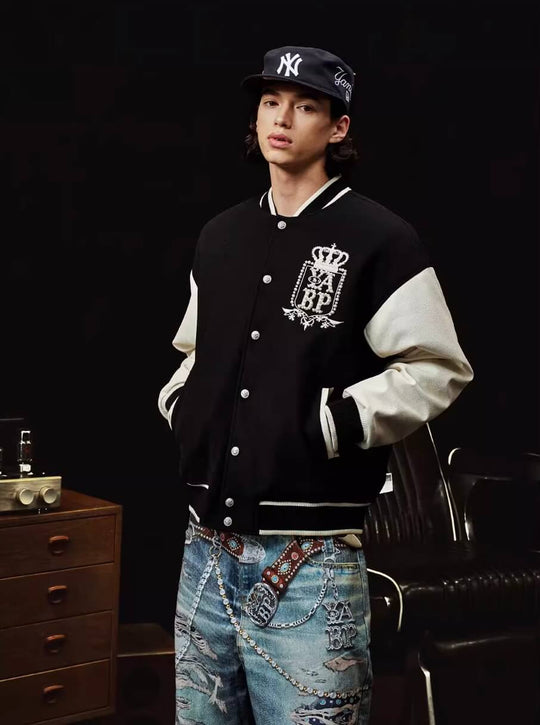 YADcrew x BIPOLAR Embroidered Pearl Beaded Varsity Jacket | Face 3 Face