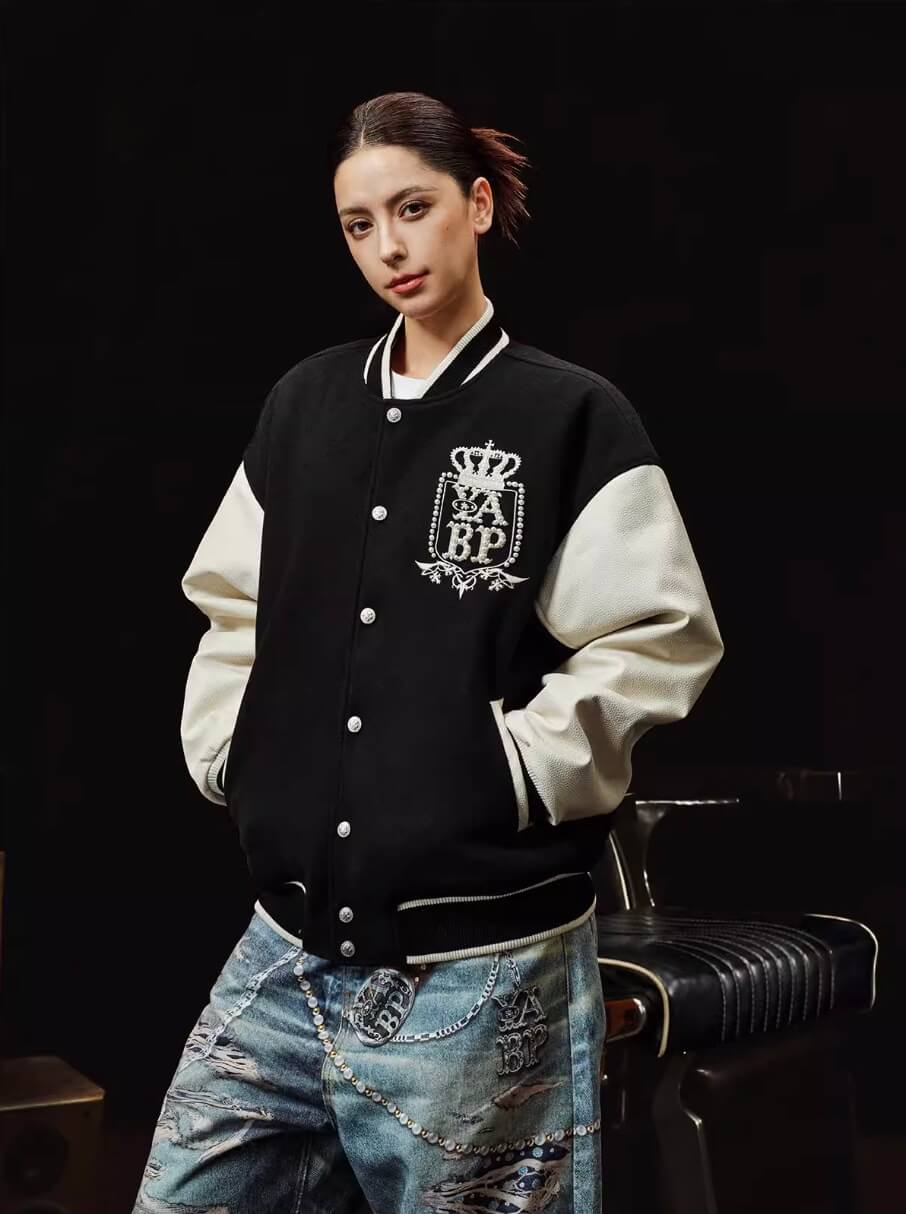 YADcrew x BIPOLAR Embroidered Pearl Beaded Varsity Jacket | Face 3 Face