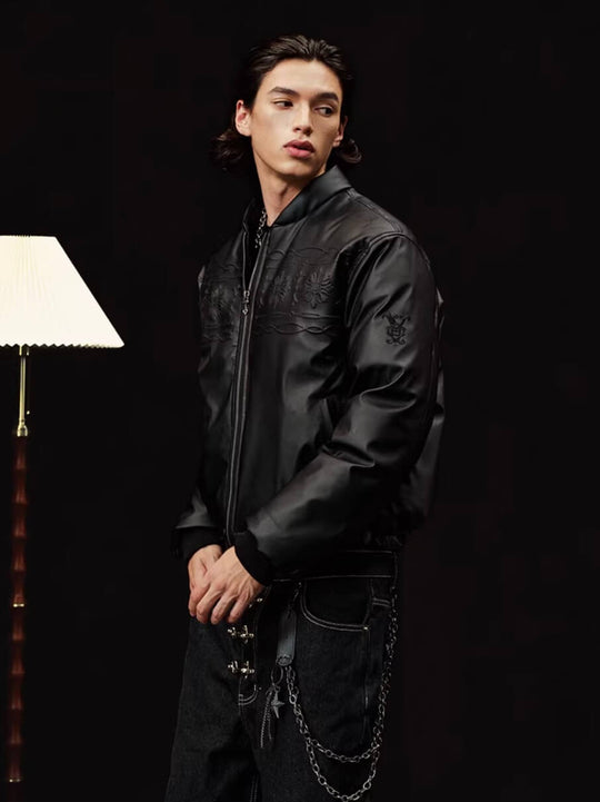 YADcrew Embossed PU Leather Down Jacket | Face 3 Face