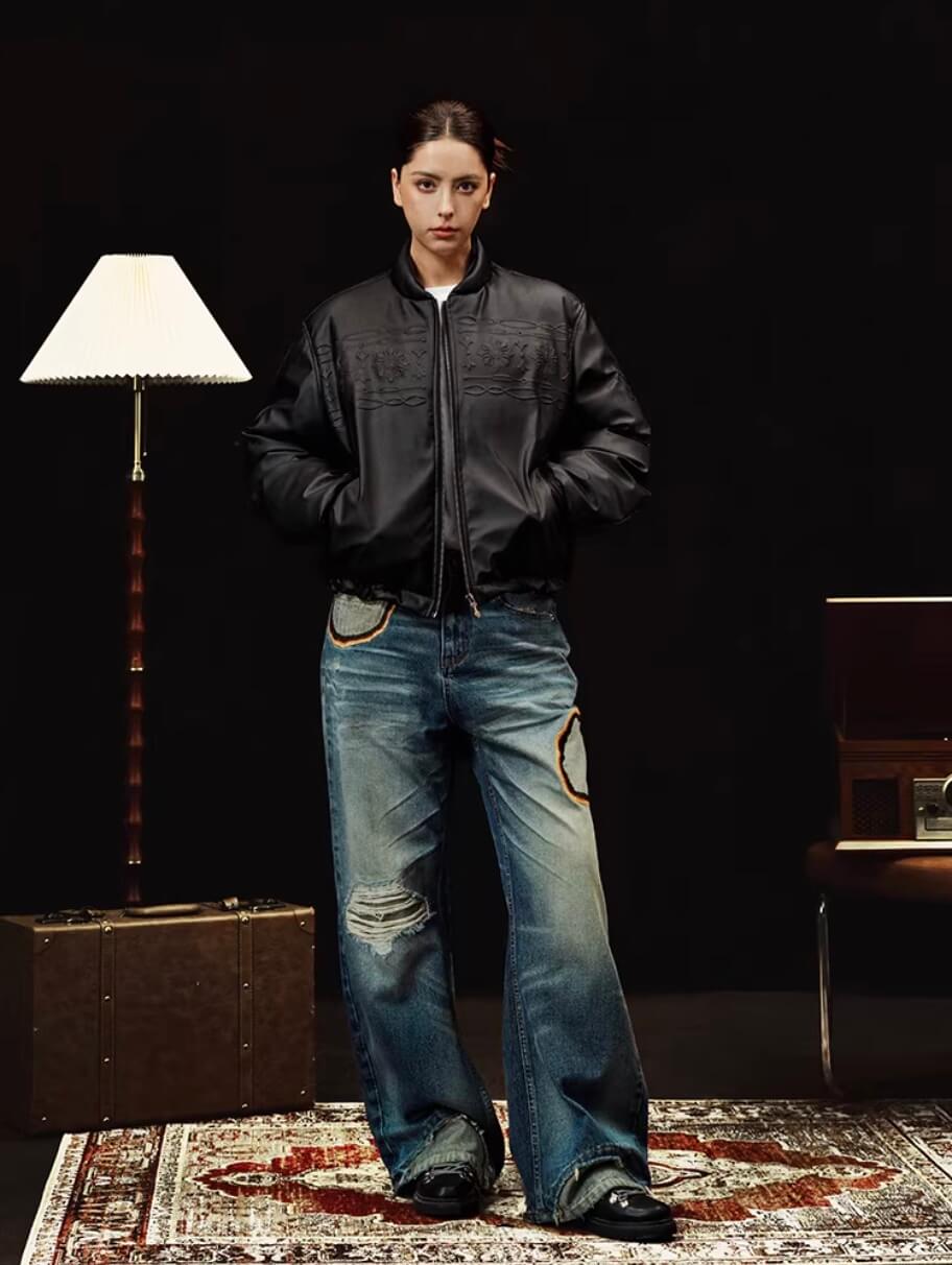 YADcrew Embossed PU Leather Down Jacket | Face 3 Face