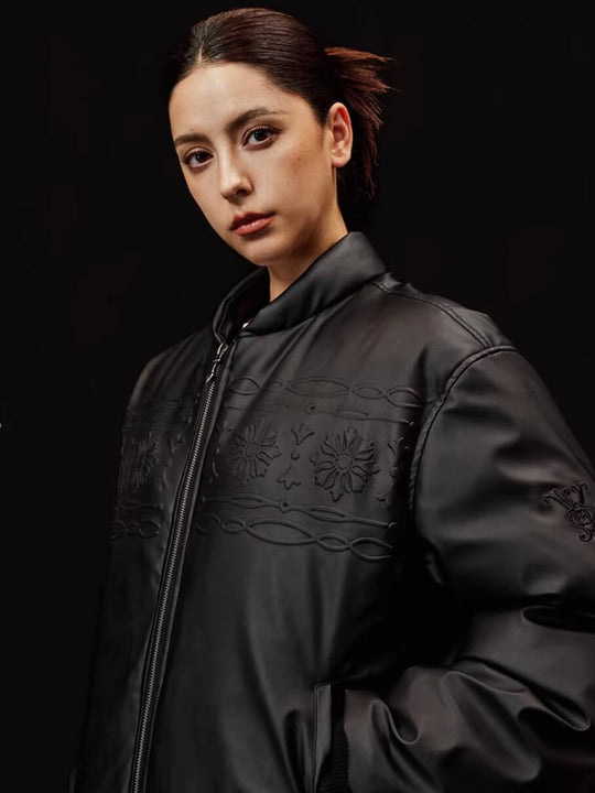 YADcrew Embossed PU Leather Down Jacket | Face 3 Face