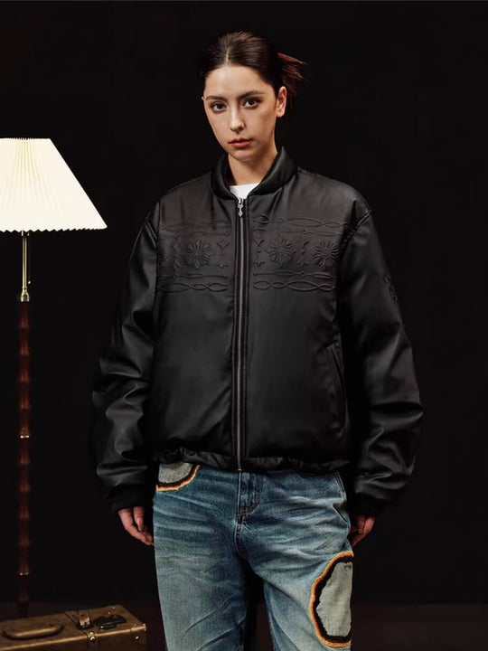 YADcrew Embossed PU Leather Down Jacket | Face 3 Face