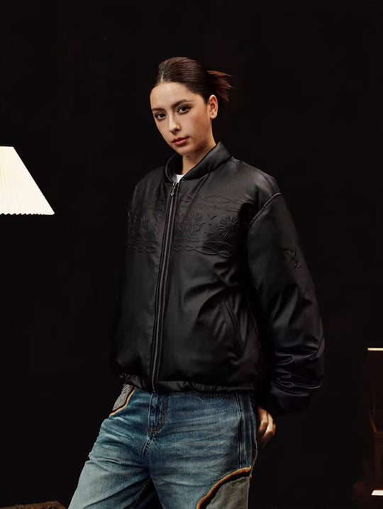 YADcrew Embossed PU Leather Down Jacket | Face 3 Face