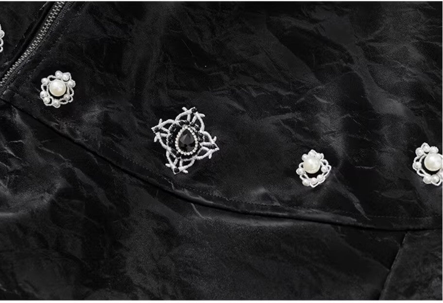 YADcrew Velvet PU Leather Pearl Jewelry Bomber Jacket | Face 3 Face