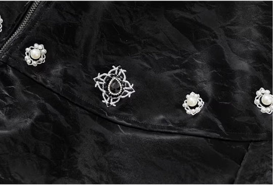 YADcrew Velvet PU Leather Pearl Jewelry Bomber Jacket | Face 3 Face