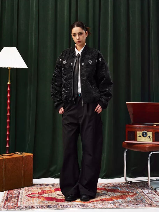 YADcrew Velvet PU Leather Pearl Jewelry Bomber Jacket | Face 3 Face