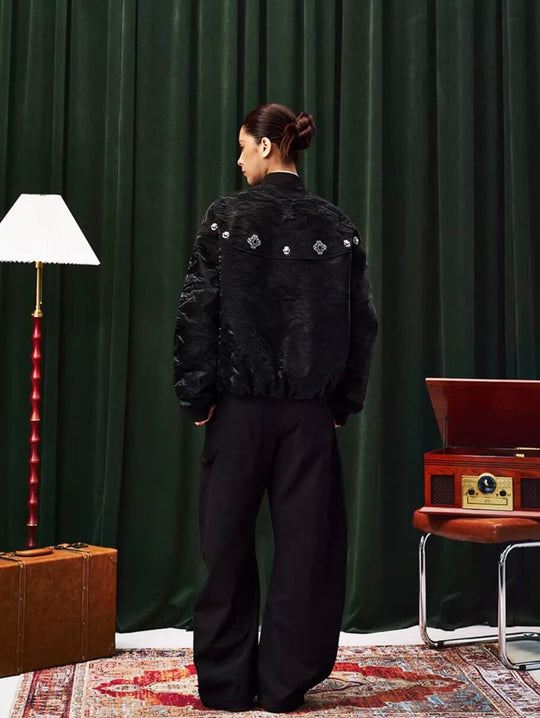 YADcrew Velvet PU Leather Pearl Jewelry Bomber Jacket | Face 3 Face
