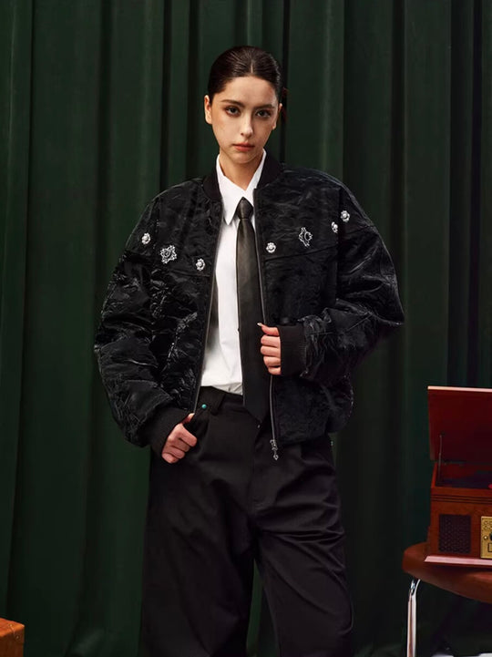 YADcrew Velvet PU Leather Pearl Jewelry Bomber Jacket | Face 3 Face