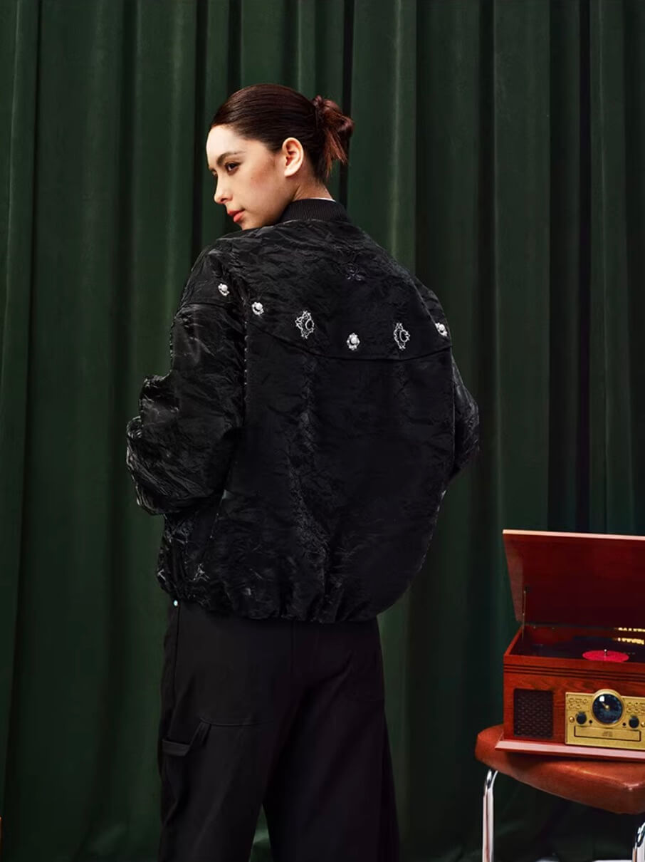 YADcrew Velvet PU Leather Pearl Jewelry Bomber Jacket | Face 3 Face