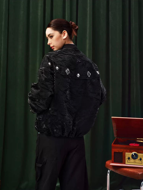 YADcrew Velvet PU Leather Pearl Jewelry Bomber Jacket | Face 3 Face