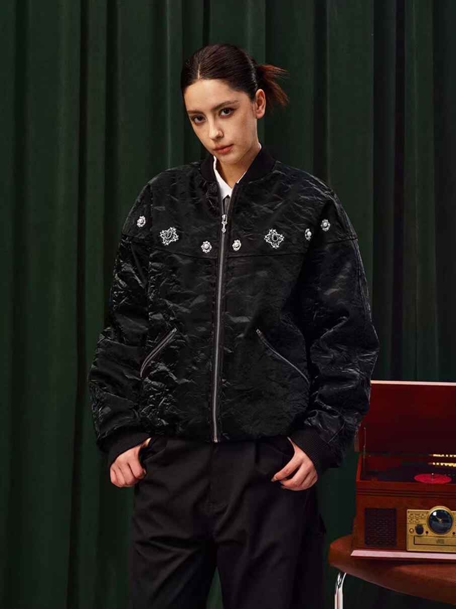YADcrew Velvet PU Leather Pearl Jewelry Bomber Jacket | Face 3 Face