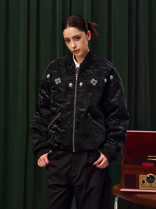YADcrew Velvet PU Leather Pearl Jewelry Bomber Jacket | Face 3 Face
