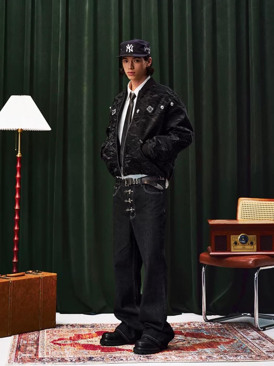 YADcrew Velvet PU Leather Pearl Jewelry Bomber Jacket | Face 3 Face