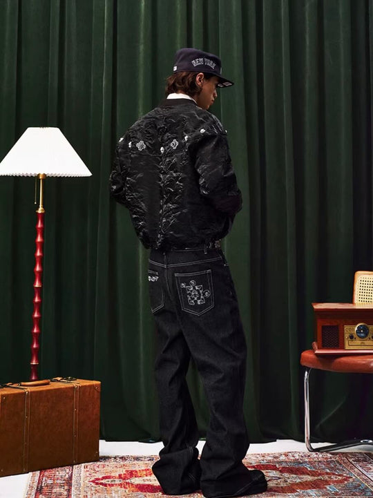 YADcrew Velvet PU Leather Pearl Jewelry Bomber Jacket | Face 3 Face