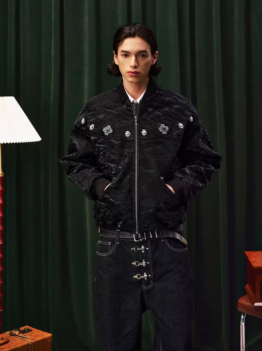 YADcrew Velvet PU Leather Pearl Jewelry Bomber Jacket | Face 3 Face