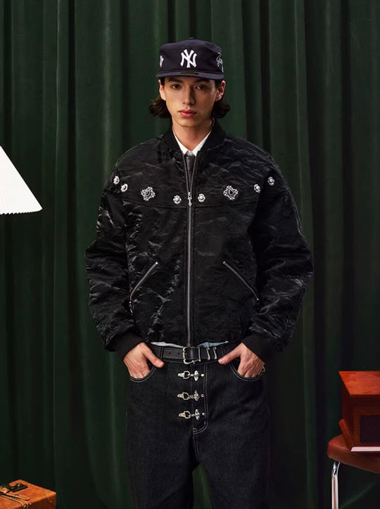 YADcrew Velvet PU Leather Pearl Jewelry Bomber Jacket | Face 3 Face