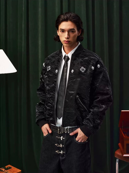 YADcrew Velvet PU Leather Pearl Jewelry Bomber Jacket | Face 3 Face