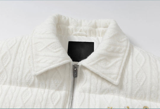 YADcrew x MEDM Cable Knit Pearl Embroidered Puffer Jacket | Face 3 Face