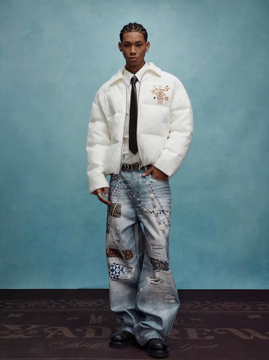 YADcrew x MEDM Cable Knit Pearl Embroidered Puffer Jacket | Face 3 Face