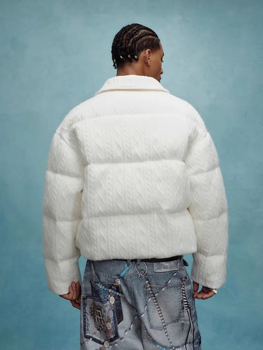 YADcrew x MEDM Cable Knit Pearl Embroidered Puffer Jacket | Face 3 Face