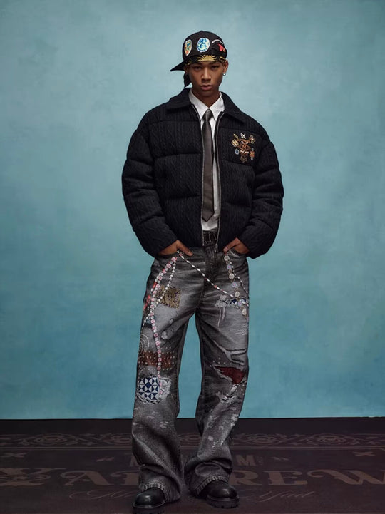 YADcrew x MEDM Cable Knit Pearl Embroidered Puffer Jacket | Face 3 Face